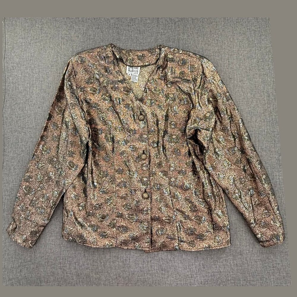 Vintage Anne Klein Metallic‎ Button Jacket Lightweight Long Sleeves Sz 14 V-Neck